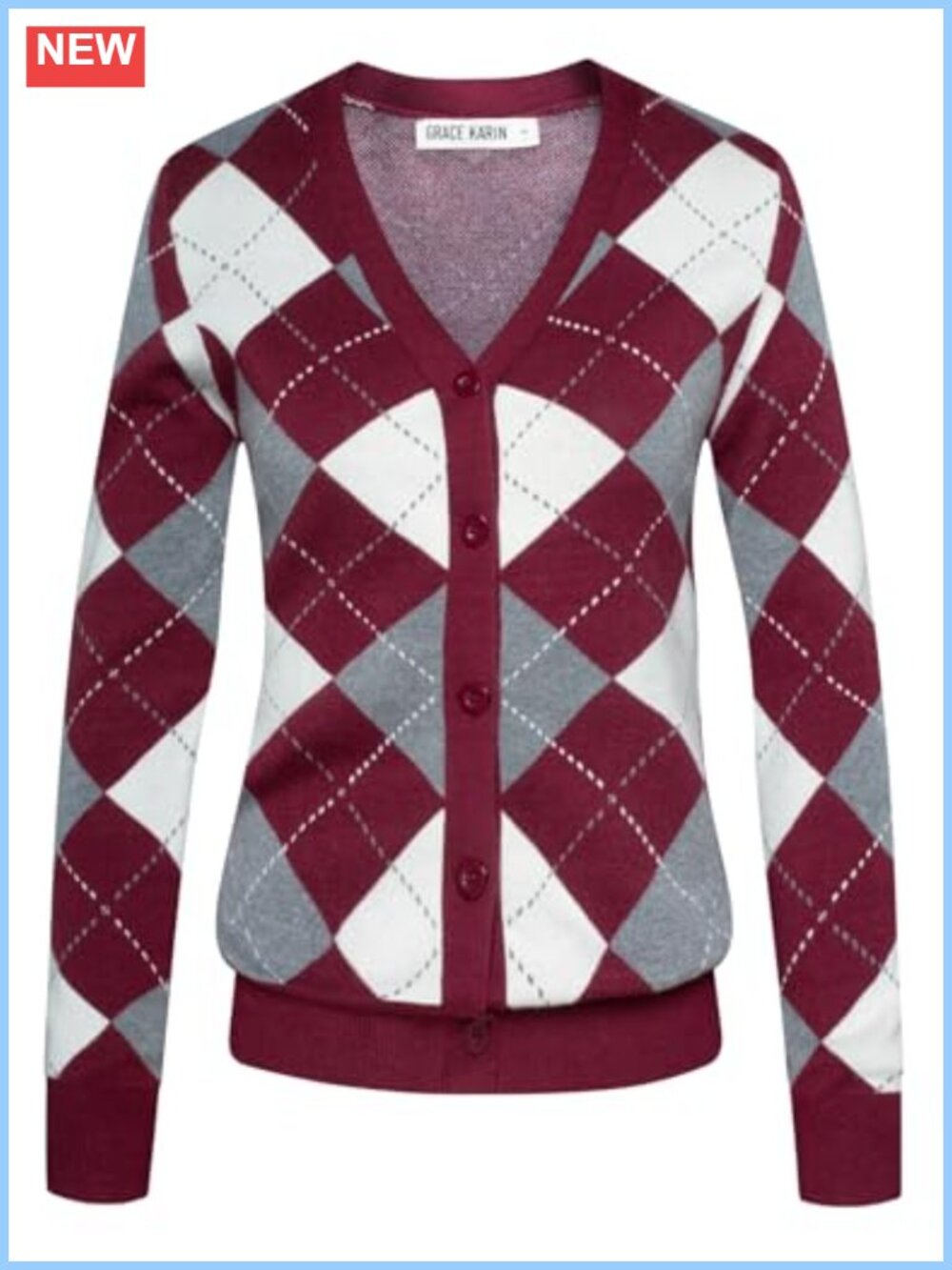 Women's Argyle Cardigan V-Neck Button Down Knit Sweater, Lightweight